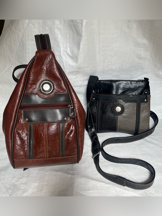 Handbags - 2 Mouflon bags - (1)brown sling backpack and (2) classic two-tone crossbody bag
